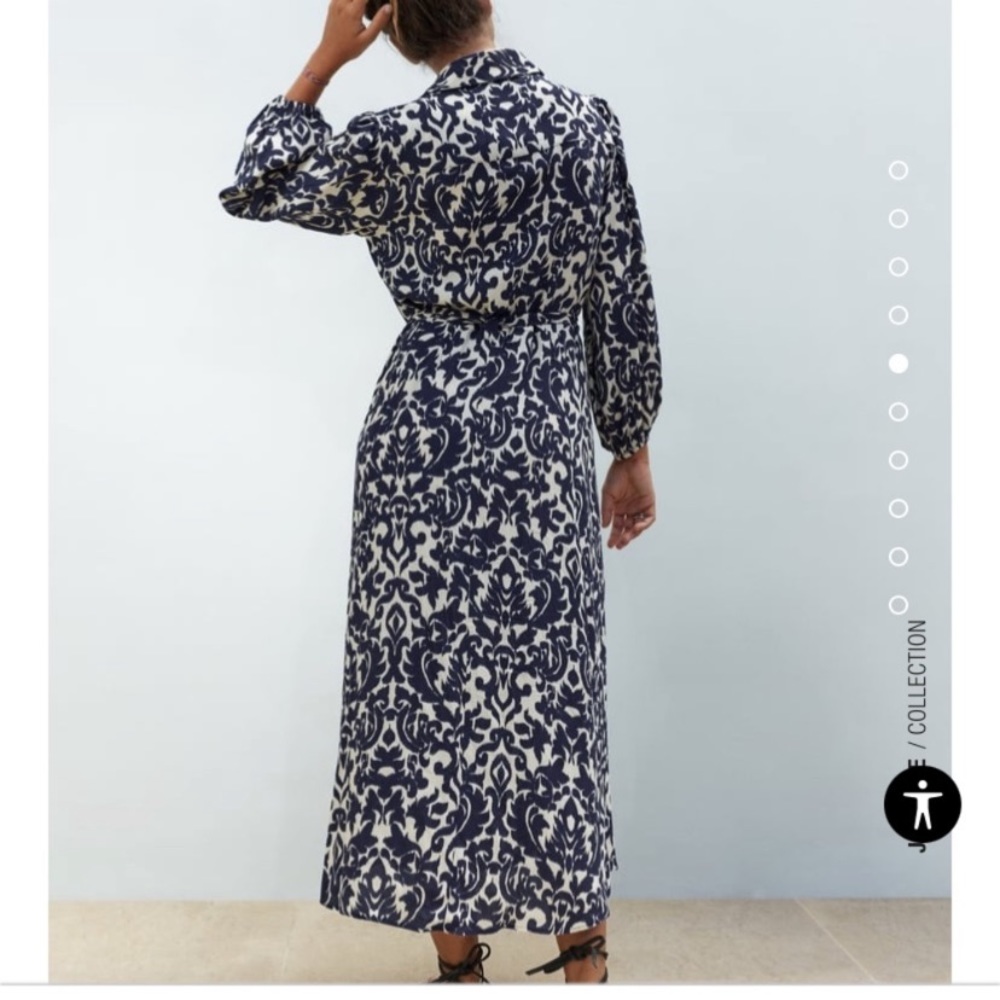 Zara Printed Midi Dress Blue and White Long Sleeve button front with tie waist
